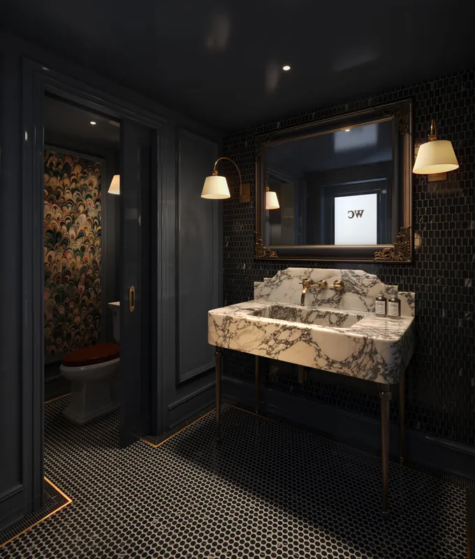 Powder room in dark blue with marble washstand and gilt mirror