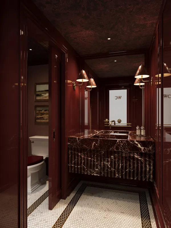 Powder room in oxblood lacquer with marble vanity
