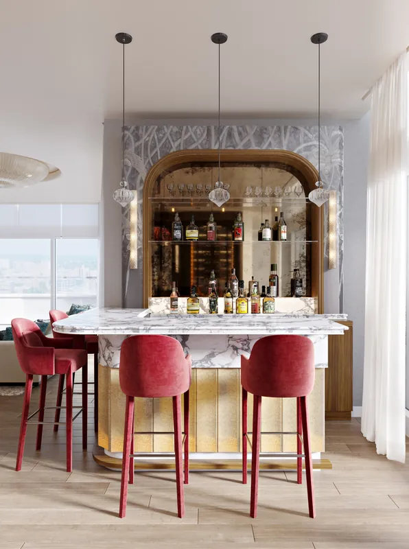 Home bar with marble counter, red velvet stools and arched back bar