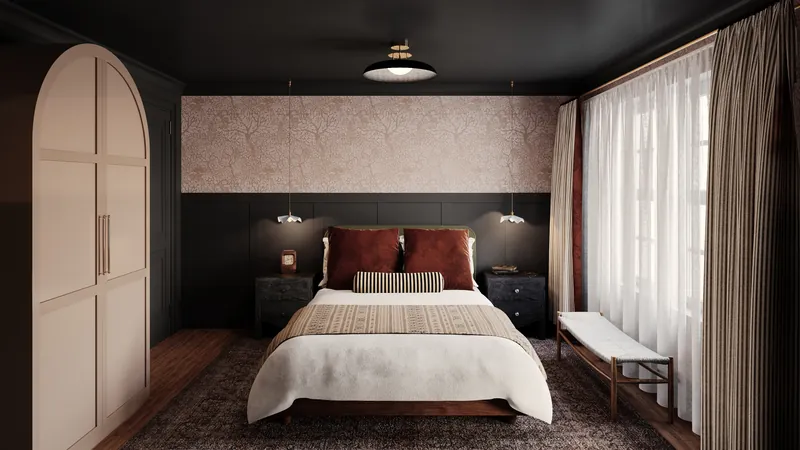 Hotel guest bedroom in pink wallpaper with striped headboard