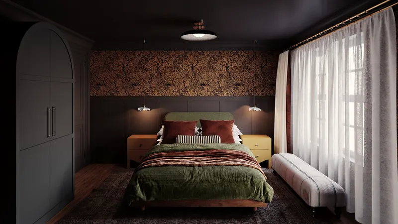 Boutique hotel guest bedroom with patterned wallpaper and velvet headboard