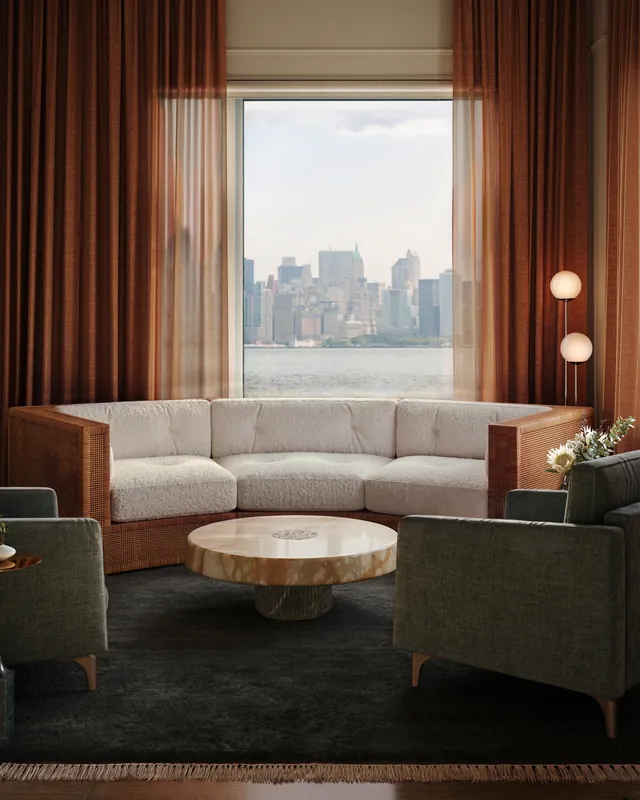 Lounge with rattan sofa, onyx coffee table and Manhattan skyline