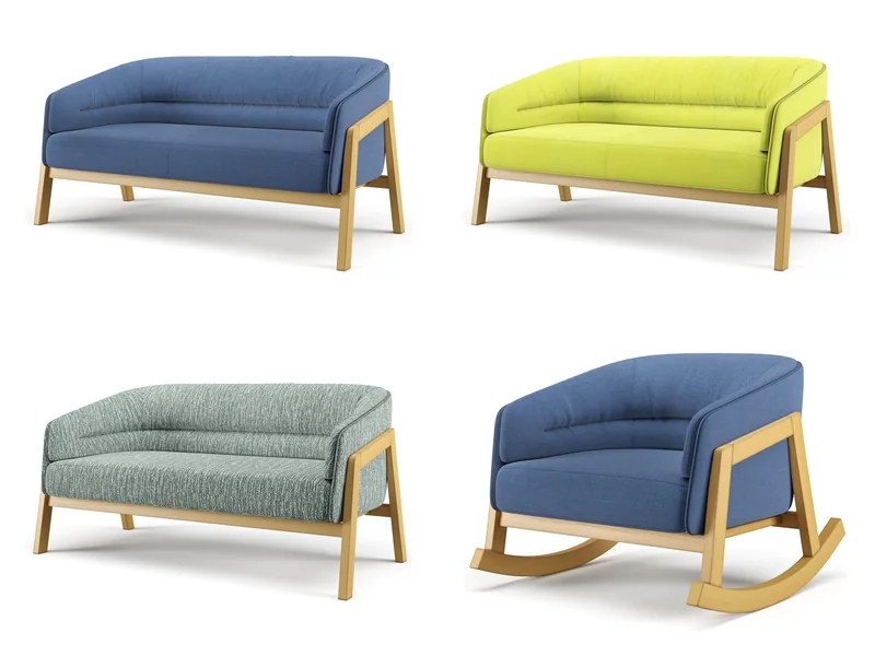 JSI Indie loveseat in three fabrics and the Indie rocker, rendered on white