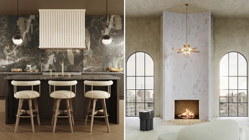 Stone kitchen range hood over a marble backsplash beside a marble fireplace in a penthouse living room, rendered in 3D