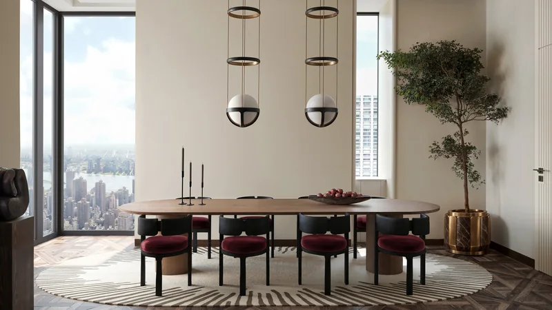 Penthouse dining room with oval table, burgundy chairs, pendant lights and a Manhattan view, rendered in 3D