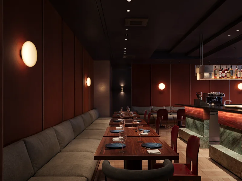 Restaurant dining room with leather banquettes, wood panelling and a lit back bar, rendered in 3D